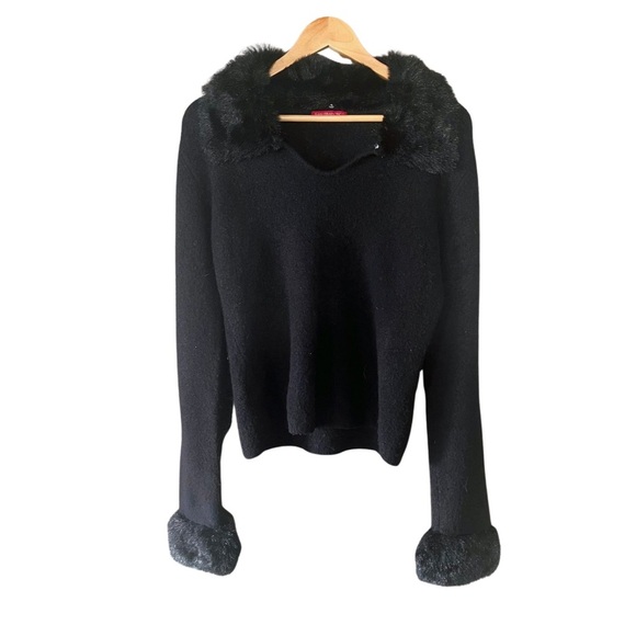 90s Y2K Black Wool Blend Sweater — Faux Fur Collar & Cuffs M L XL - Picture 2 of 8